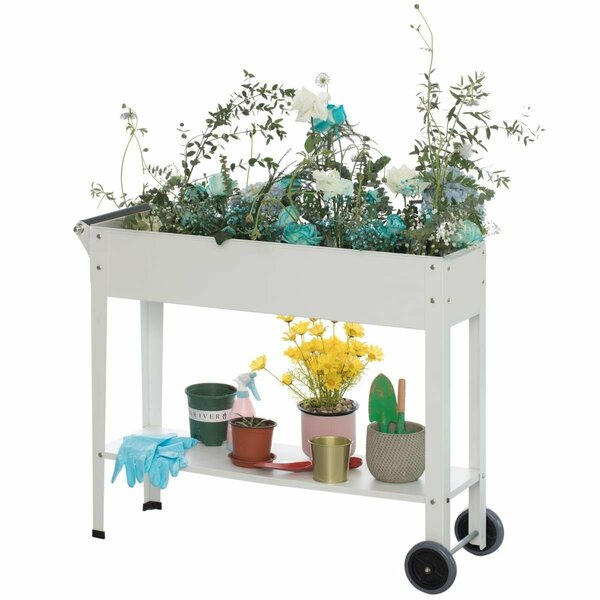 Invernaculo 32 x 39 x 14 in. Mobile Planter Raised Garden Bed Rectangular Flower Cart with Shelf White IN3731552